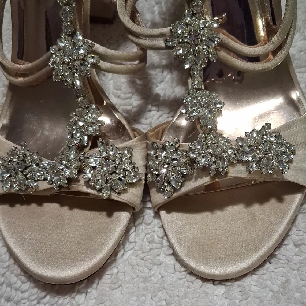 Badgley Mischka Champagne Satin Crystal T-Strap Heels - Picture 7 of 10